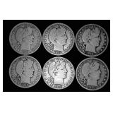 6 Barber Silver Half Dollars