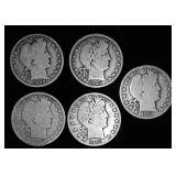 5 Barber Silver Half Dollars