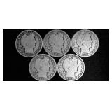 5 Barber Silver Half Dollars