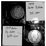 2. 1908 Barber Silver Half Dollars in protective c