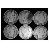 6 Barber Silver Half Dollars