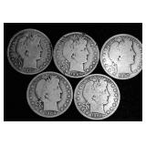 5 Barber Silver Half Dollars