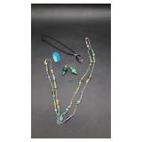 Glass Beaded Necklace, Blue Agate Slice and Misc