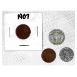 2 Indian Head Pennys, 1 steel penny and 1 Buffalo
