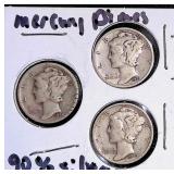 3 Mercury Silver Dimes in protective cover