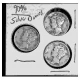 3 Mercury Silver Dimes in protective cover