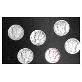 6 Mercury Dimes from  1939-1945