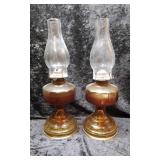 2 Gold Colored Oil Lamps with Clear Chimneys