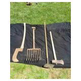 Silage Fork, Hoe, Brush Axe, and Wood Maul