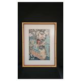 Antique Oriental Wood Block Geisha Girl Print