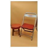 Wood Stool & Childs Metal Folding Chair.