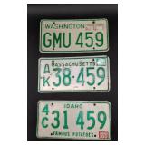 Washington, Massachusetts, and Idaho Car Tags 80s