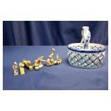 Blue & White Ceramic Berry Basket & Misc