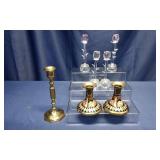 3 Brass Candlesticks & 4 Glass Rose Figurines