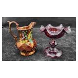 Lusterware Pitcher & Red Glass Pedestal Candy Dish