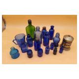 14 Various Cobat Blue Glass Bottles & Misc