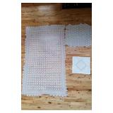 2 Crochet Coverlets & Lien Tea Topper Cloth