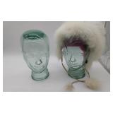 2 Glass Mannequin Heads & Fur Hat