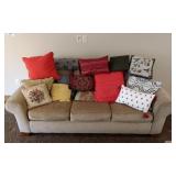 Beige Fabric Rolled-Arm Sofa W Colorful Pillows
