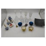 Box Of Various Sized Glass Candle Sticks & Misc