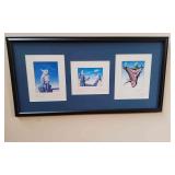 Framed 3 Signed Whimsical Bird Illiustrations
