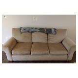 Beige Fabric Rolled-Arm Sofa W Colorful Pillows