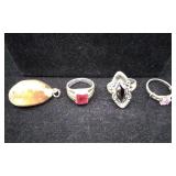 3 Sterling Silver Rings & Cowrie Shell Pendant