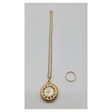 14k Gold Band Ring & Pendant Pocket Watch Necklace