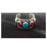 Sterling Silver Bracelet W/ Turquoise & Red Jasper