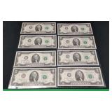 8 Count $2.00 Bills With Consecutive Numbers.