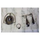 Silver Earrings, Cowboy Hat Scarf Slide & Ring