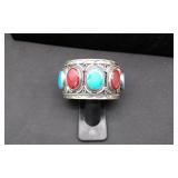 Sterling Silver Bracelet W/ Turquoise & Red Jasper