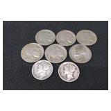 2 Silver Mercury Dimes & 6 Buffalo Nickels