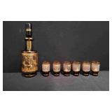 Vintage Amber Glass Decnater & 6 Glasses