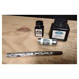 Vintage Sterling Ink Pen, Ink Bottles,Sewing Kit.
