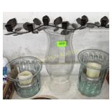 Glass candle holders, glass chimney, tin candle