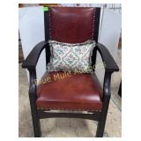 Leather & wood studded arm chair w/pillow-