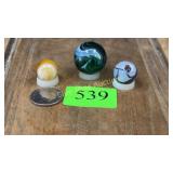 3 slag glass marbles, brown one has blemish