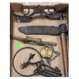 Draw knife, iron keys, iron spur, lock & misc