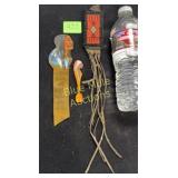 Painted leather bookmark, carved wooden spoon &