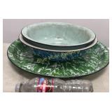 3 enamelware-B&W, pale green wash basins & Green