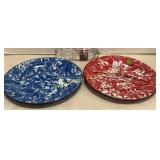 2 enamelware divider plates-B&W, R&W swirl