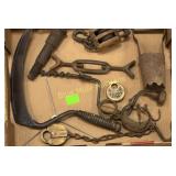 Primitive items-pulley, locks hand drill, schye,