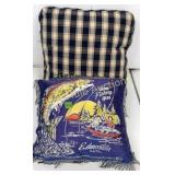 Fishing pillow some repair needed & plaid pillow