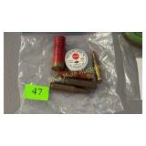 3old bullets, 2shot shells & percussion cap tin