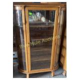 Antique oak curved glass china cabinet, flat door-