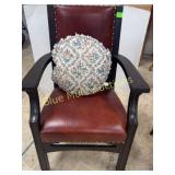 Leather & wood studded arm chair w/pillow-