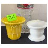 Akro Agate glass yellow & white plant pots