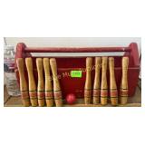 Primitive wood carrying box w/mini bowling game
