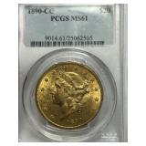 1890 CC $20 Gold MS61 PCGS
